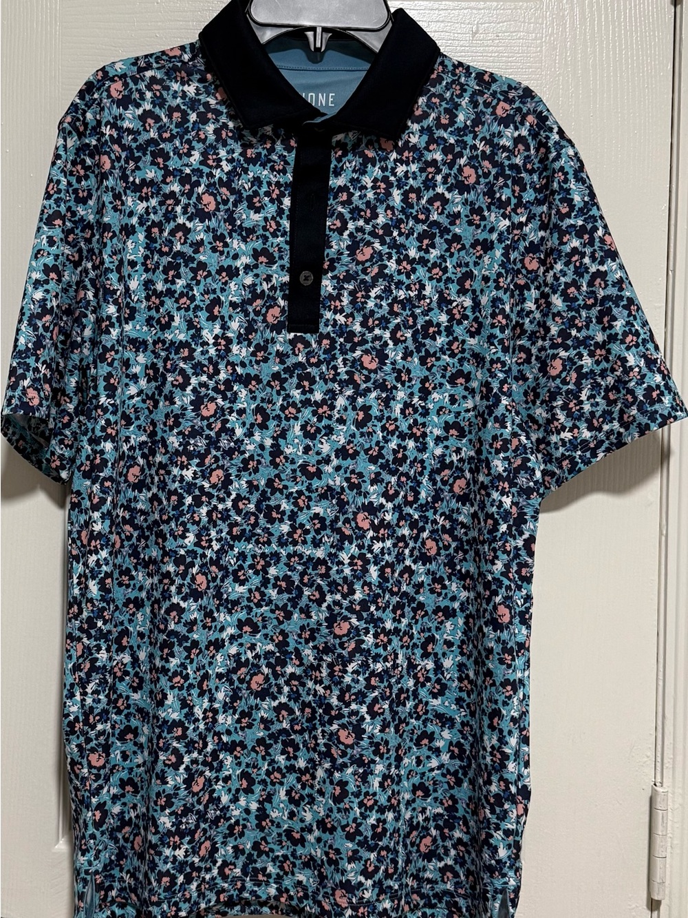 RHONE Men's Blue & Pink Floral Polo with Black Collar ..size S/P